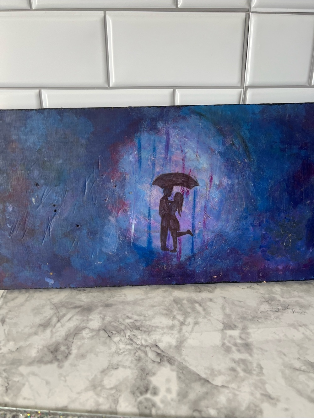 Original Hand Painted Acrylic Art on Wood | Romantic Couple Umbrella Rain